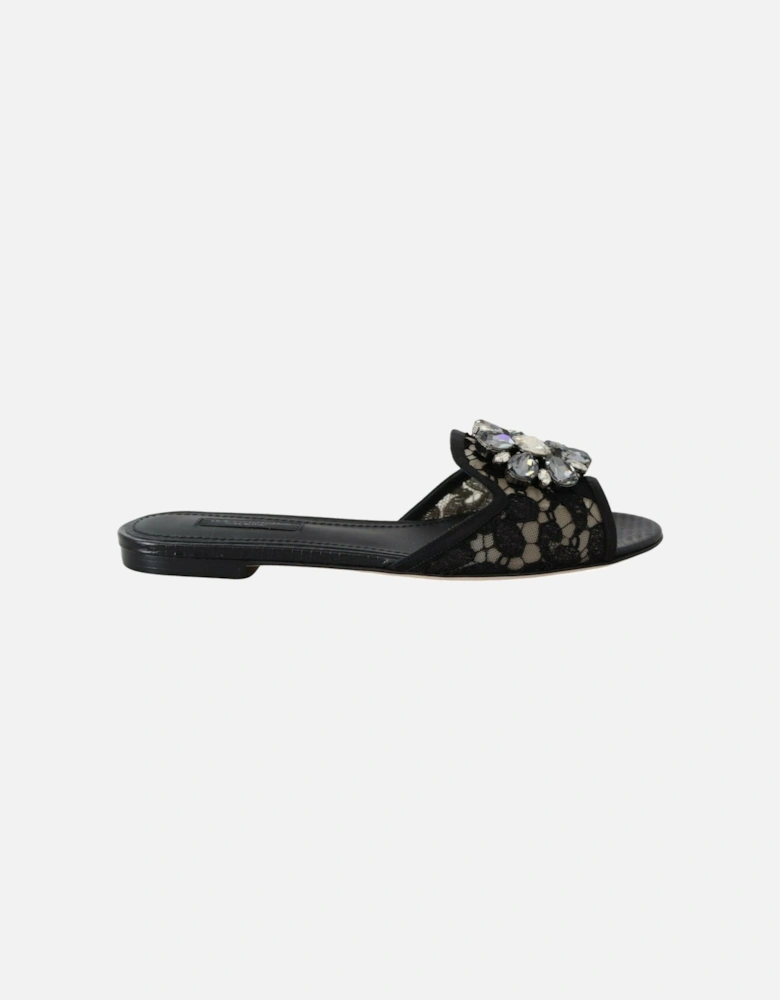 Black Lace Mules with Jewel Flower Embellishment Women Flats