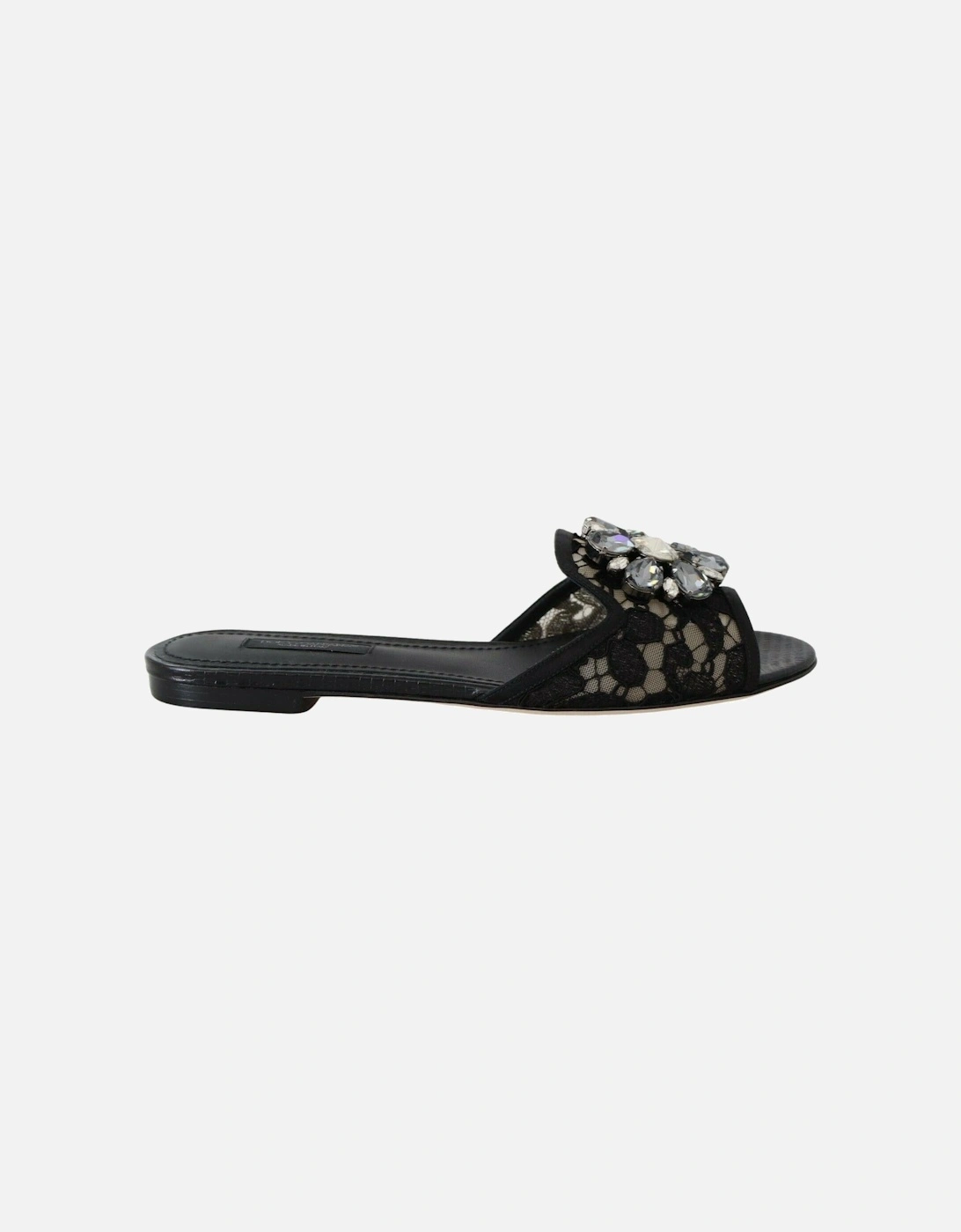 Black Lace Mules with Jewel Flower Embellishment Women Flats, 7 of 6