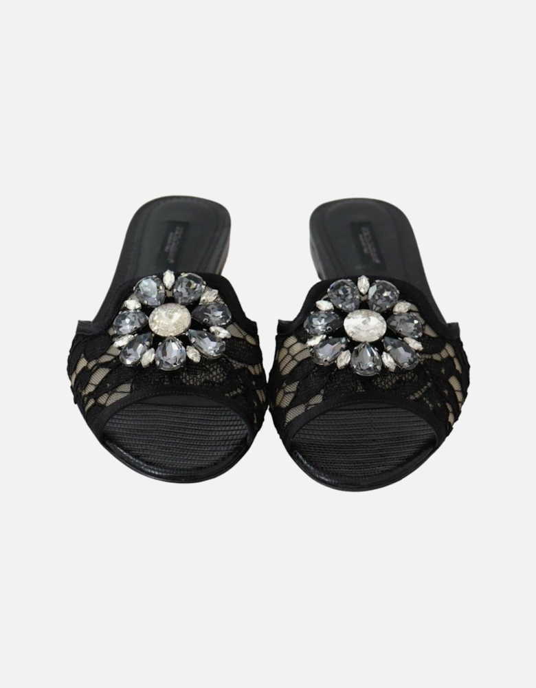 Black Lace Mules with Jewel Flower Embellishment Women Flats