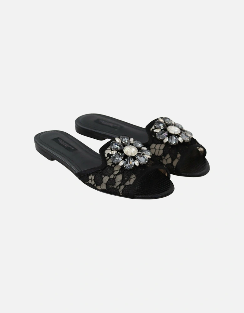 Black Lace Mules with Jewel Flower Embellishment Women Flats