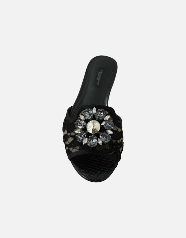 Black Lace Mules with Jewel Flower Embellishment Women Flats