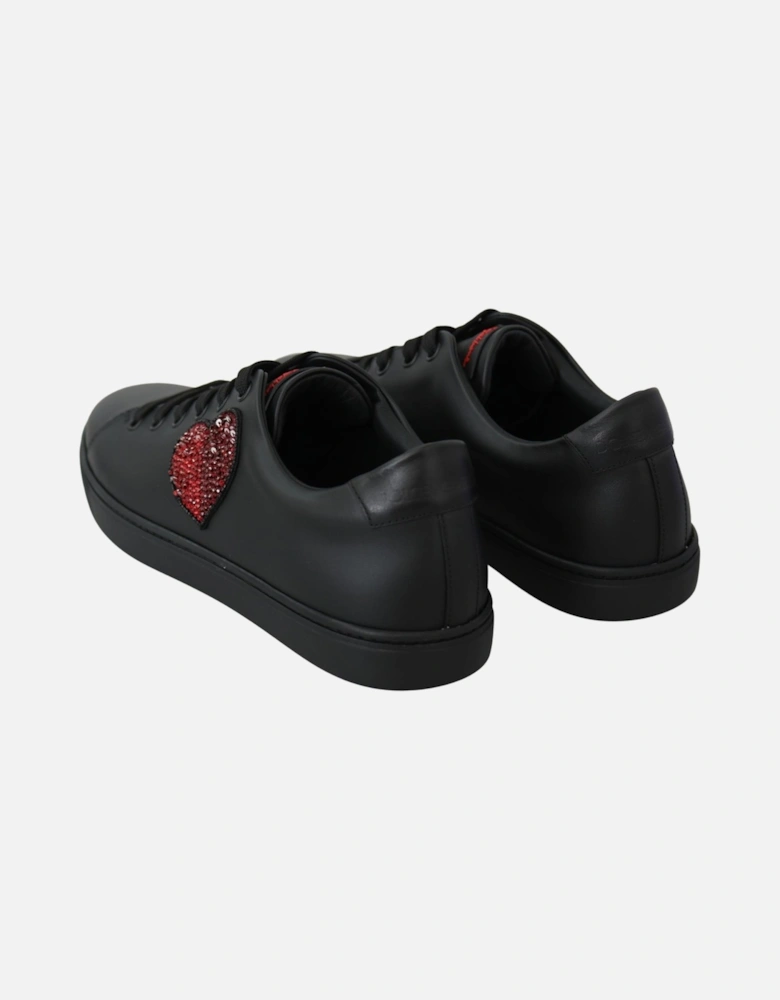 Black Leather Sneakers with Red Sequined Heart Detailing Women