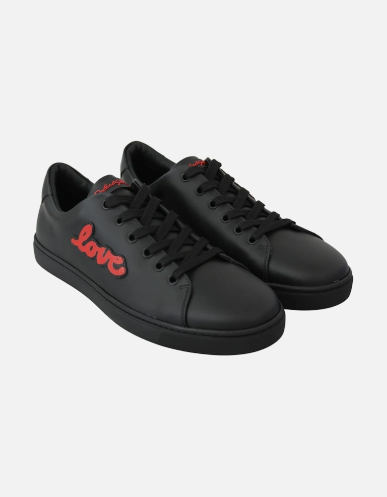 Black Leather Sneakers with Red Sequined Heart Detailing Women