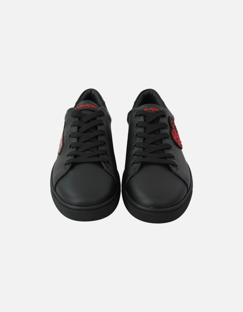 Black Leather Sneakers with Red Sequined Heart Detailing Women