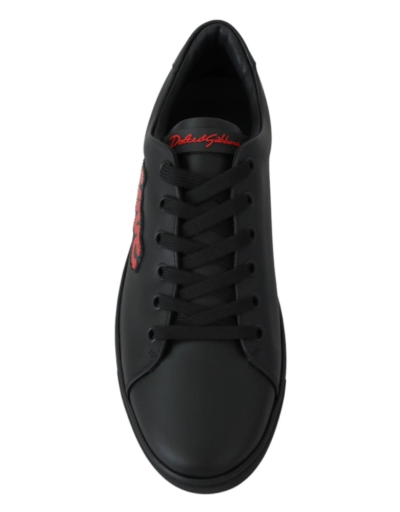 Black Leather Sneakers with Red Sequined Heart Detailing Women