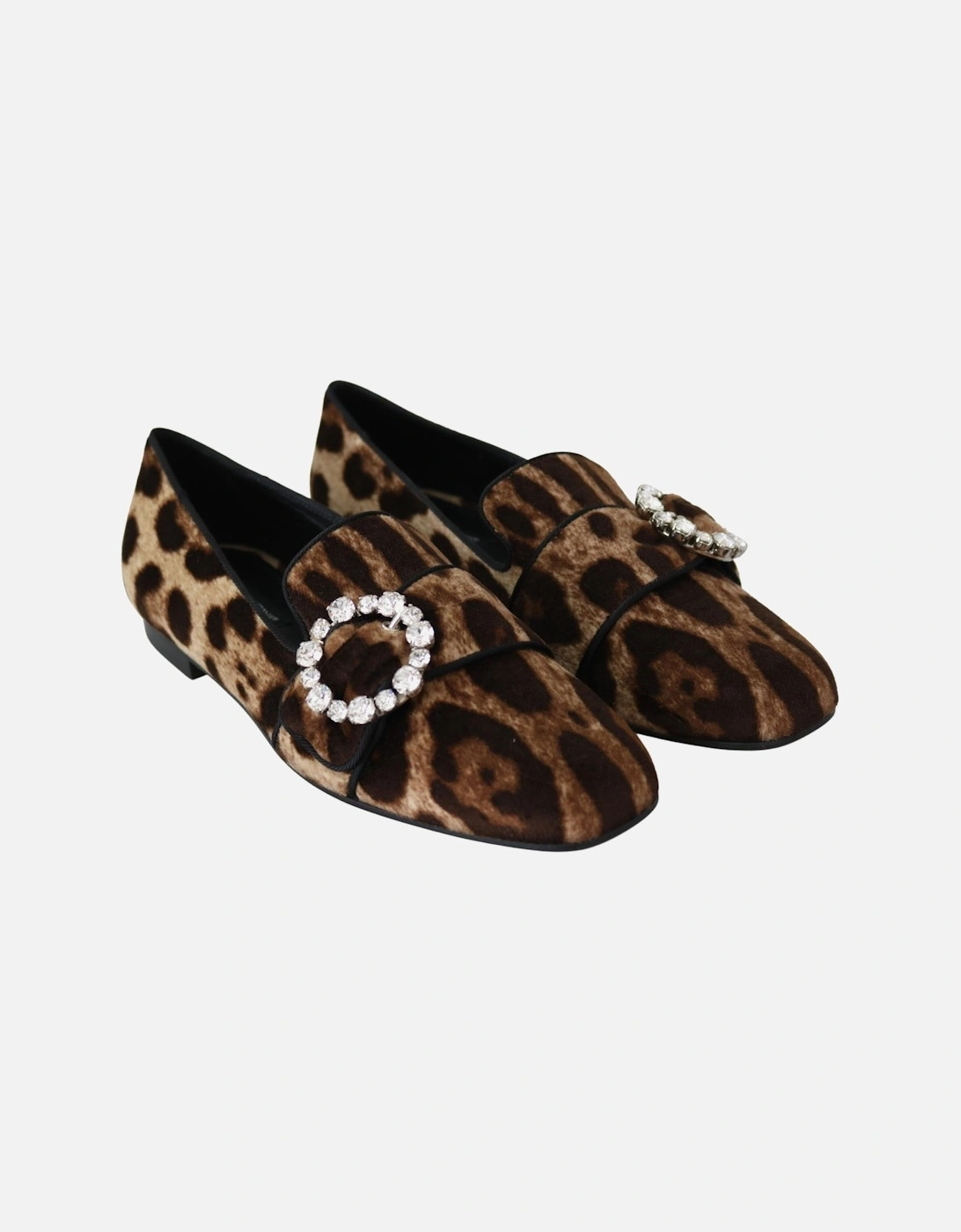 Leopard Print Loafers Crystal Buckle Women - Brown Flats