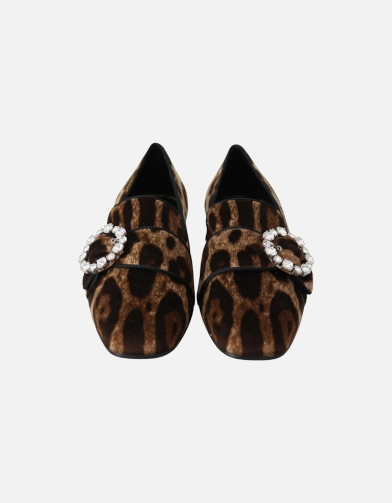 Leopard Print Loafers Crystal Buckle Women - Brown Flats