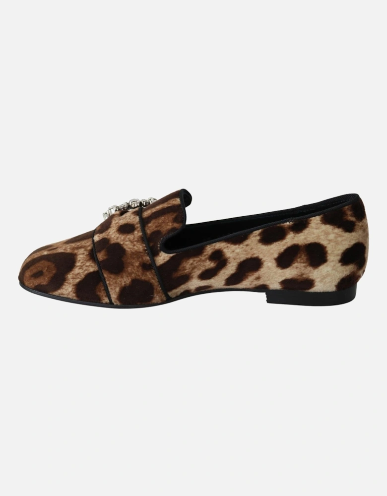 Leopard Print Loafers Crystal Buckle Women - Brown Flats