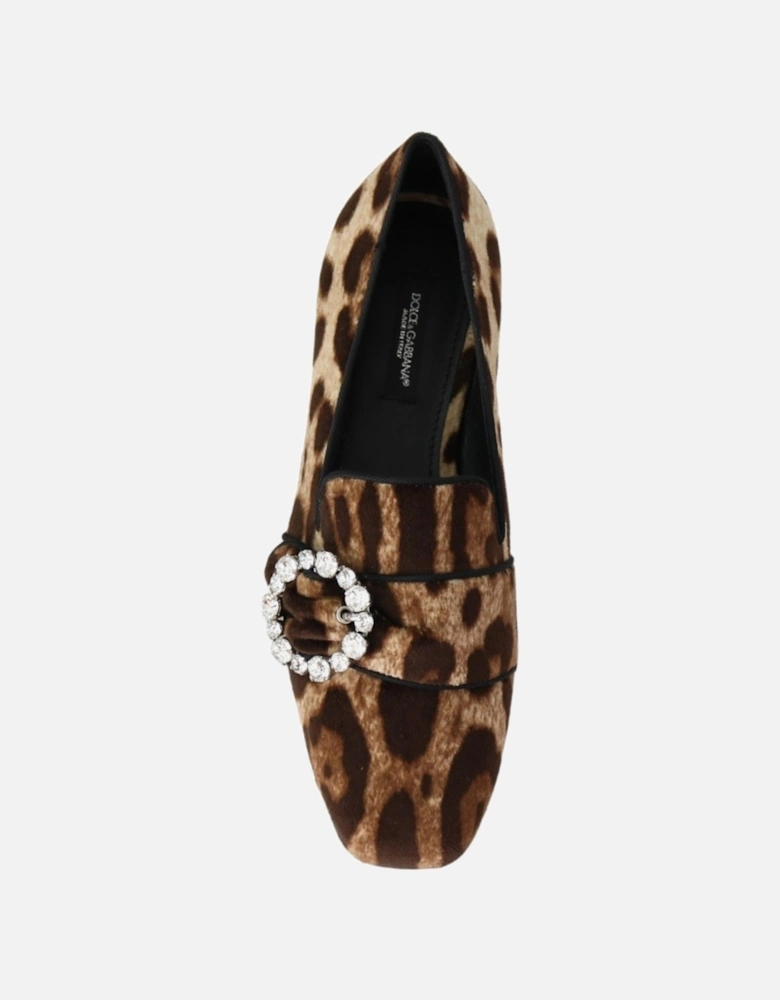 Leopard Print Loafers Crystal Buckle Women - Brown Flats