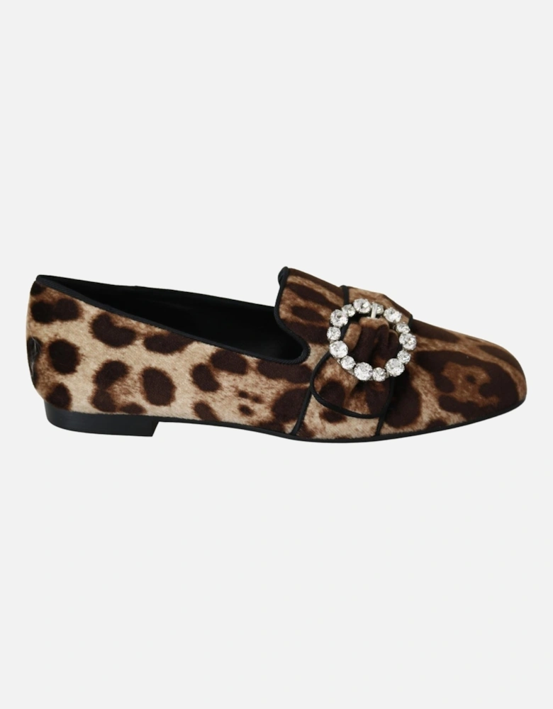 Leopard Print Loafers Crystal Buckle Women - Brown Flats