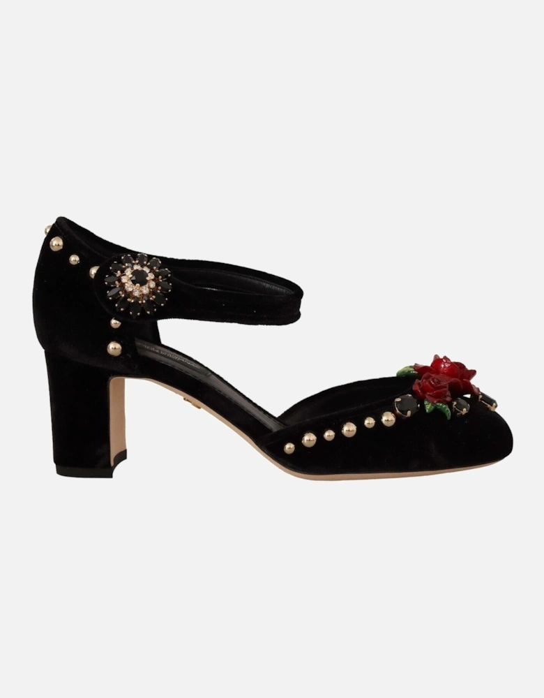 Velvet Heels Ankle Strap Pumps Floral Design Women Black Sandals