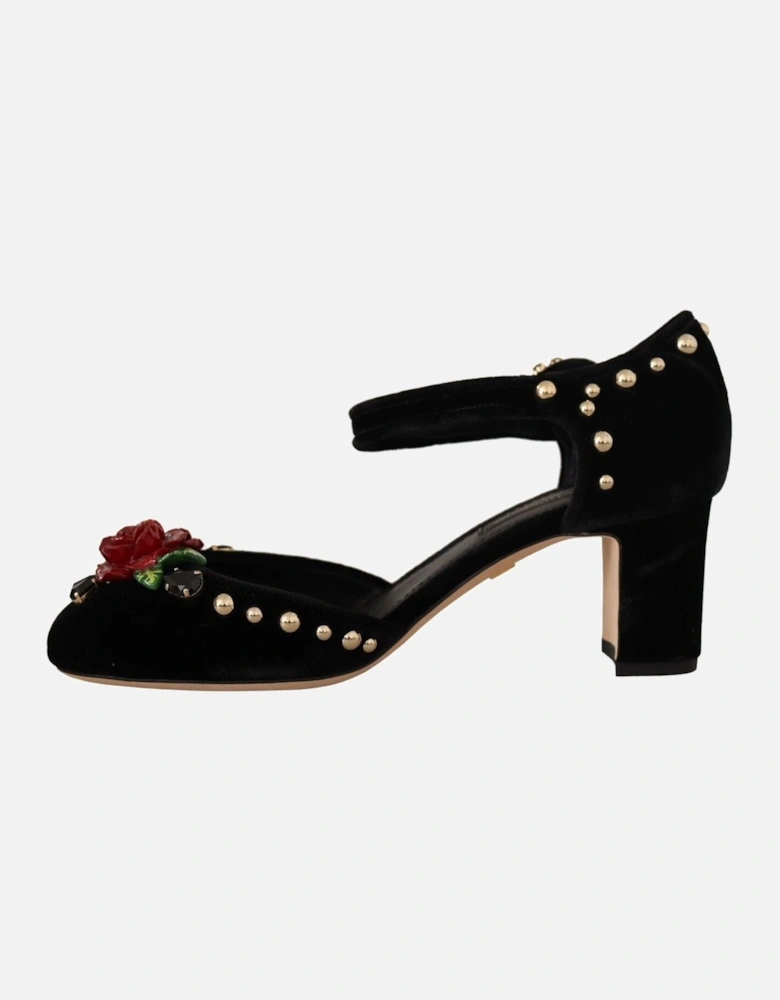 Velvet Heels Ankle Strap Pumps Floral Design Women Black Sandals