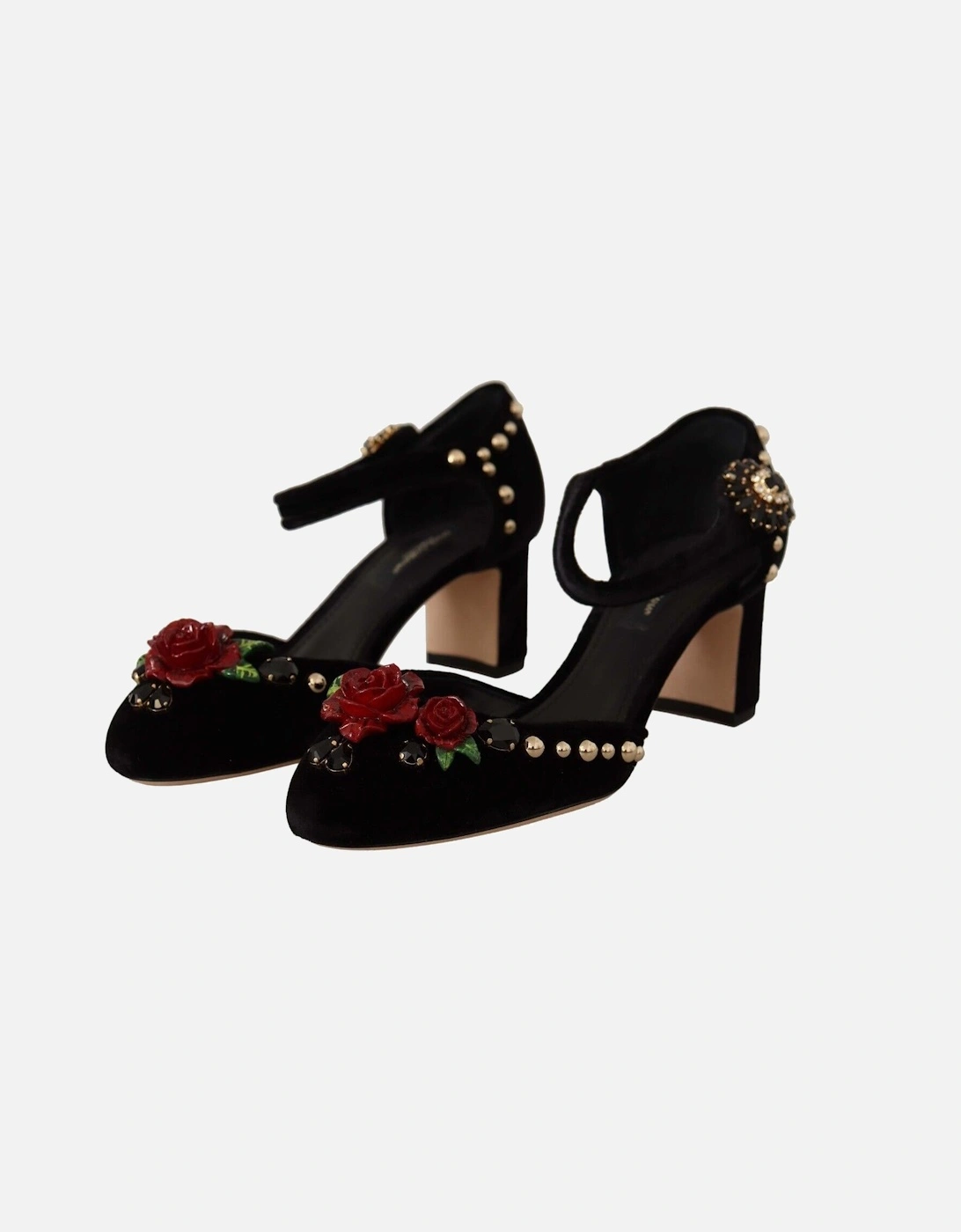 Velvet Heels Ankle Strap Pumps Floral Design Women Black Sandals