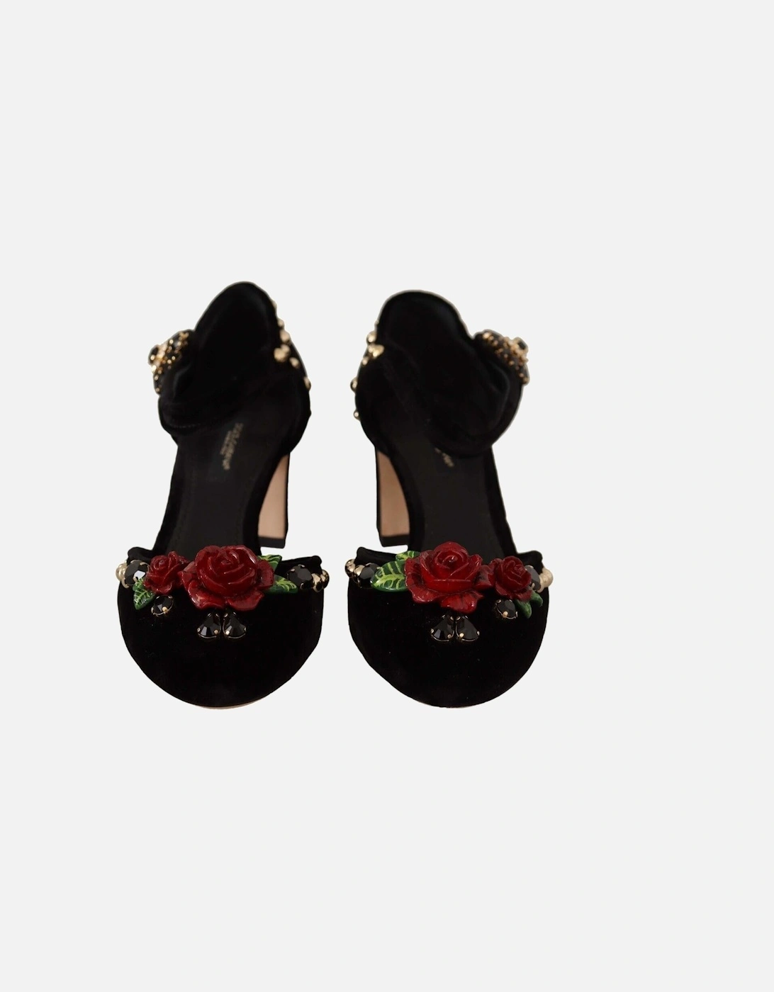 Velvet Heels Ankle Strap Pumps Floral Design Women Black Sandals