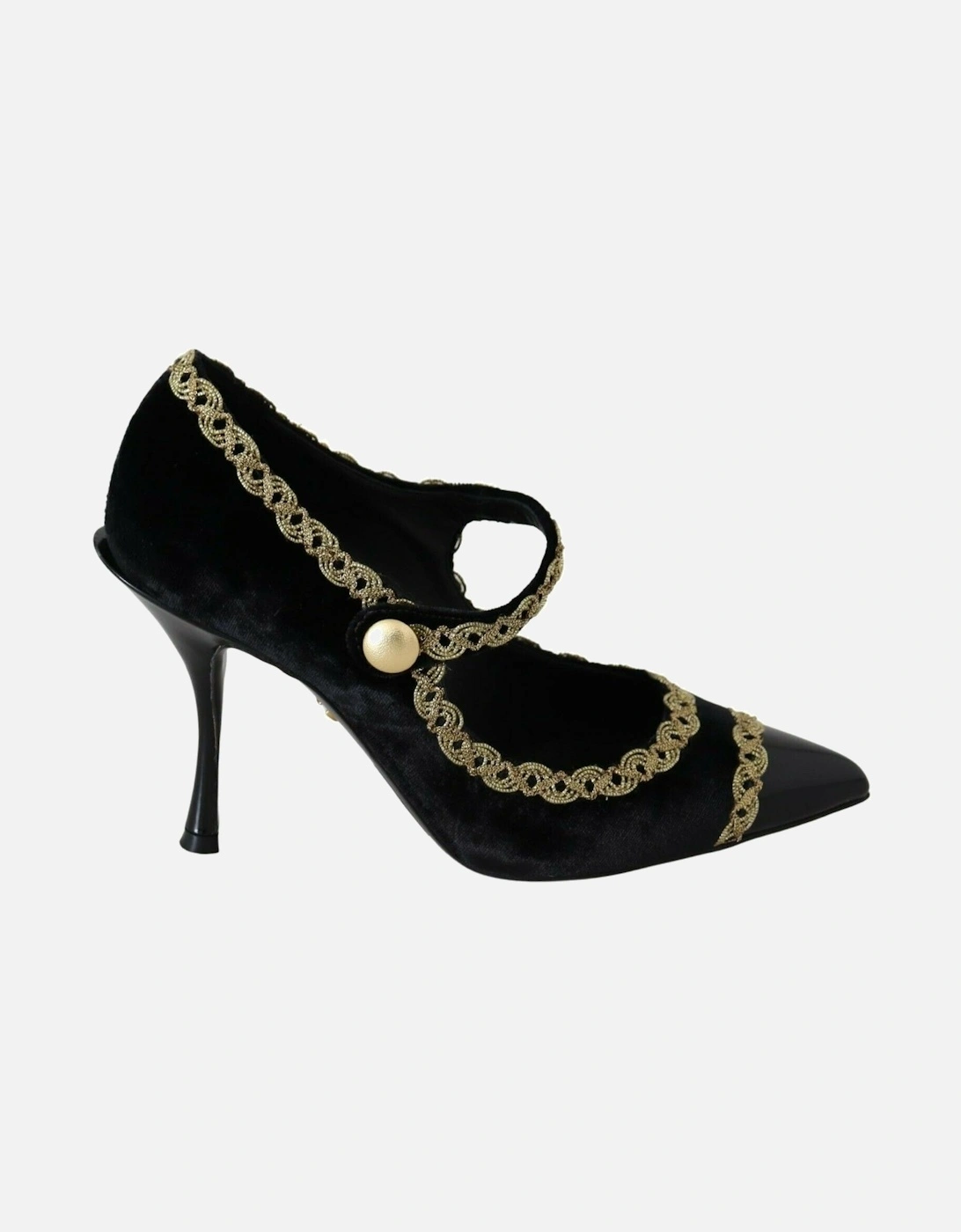 Velvet Pumps Gold Detail Mary Jane Style Women - Black, 7 of 6