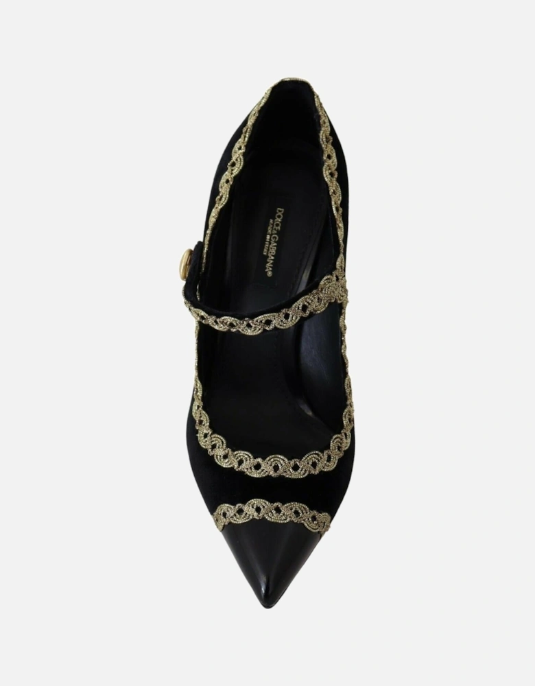 Velvet Pumps Gold Detail Mary Jane Style Women - Black