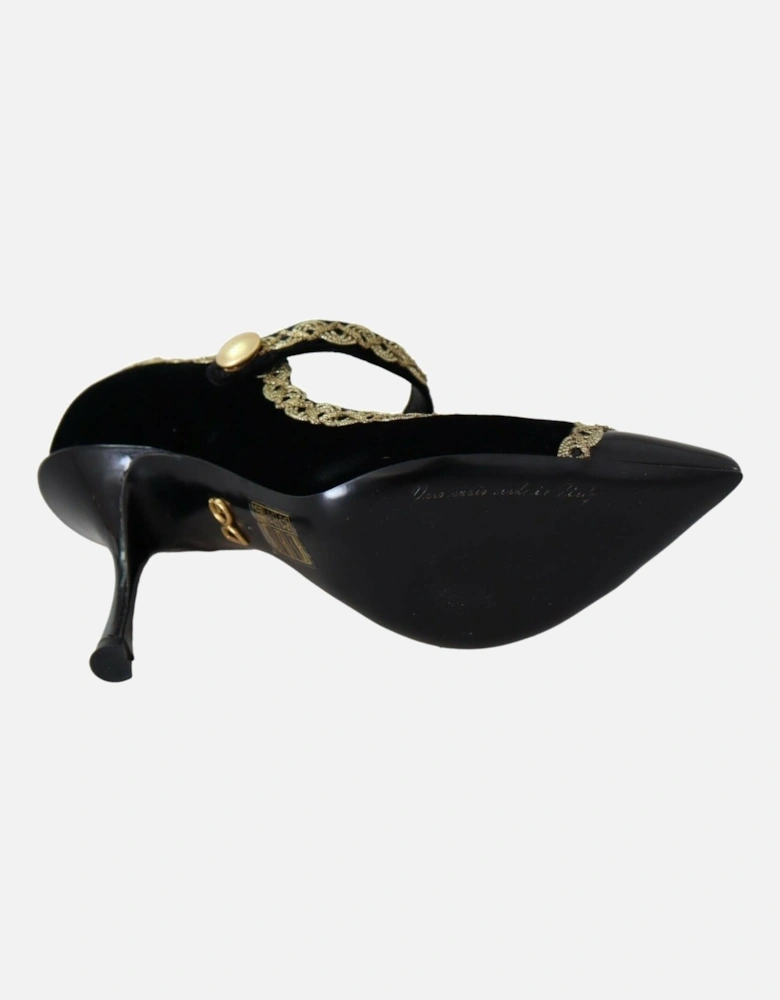 Velvet Pumps Gold Detail Mary Jane Style Women - Black