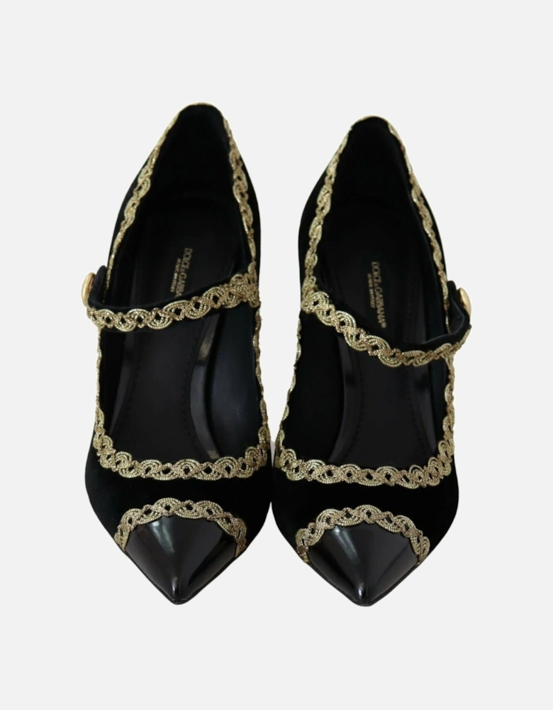 Velvet Pumps Gold Detail Mary Jane Style Women - Black