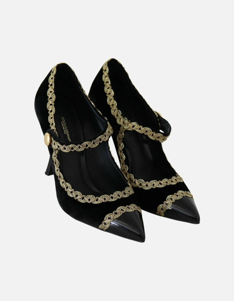 Velvet Pumps Gold Detail Mary Jane Style Women - Black