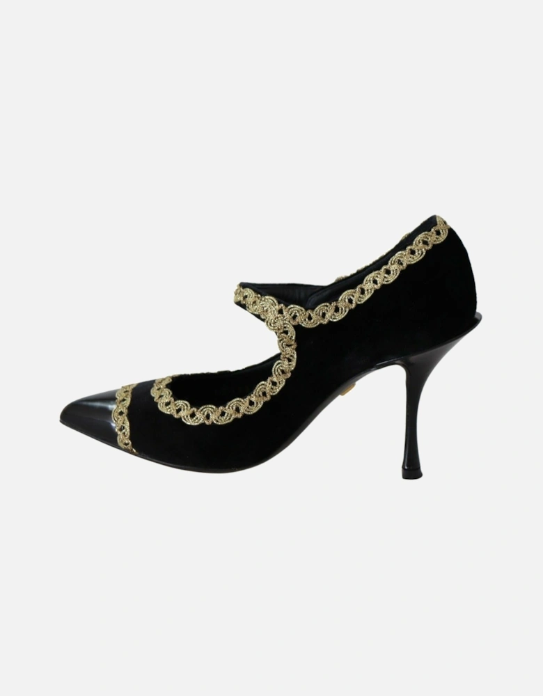 Velvet Pumps Gold Detail Mary Jane Style Women - Black