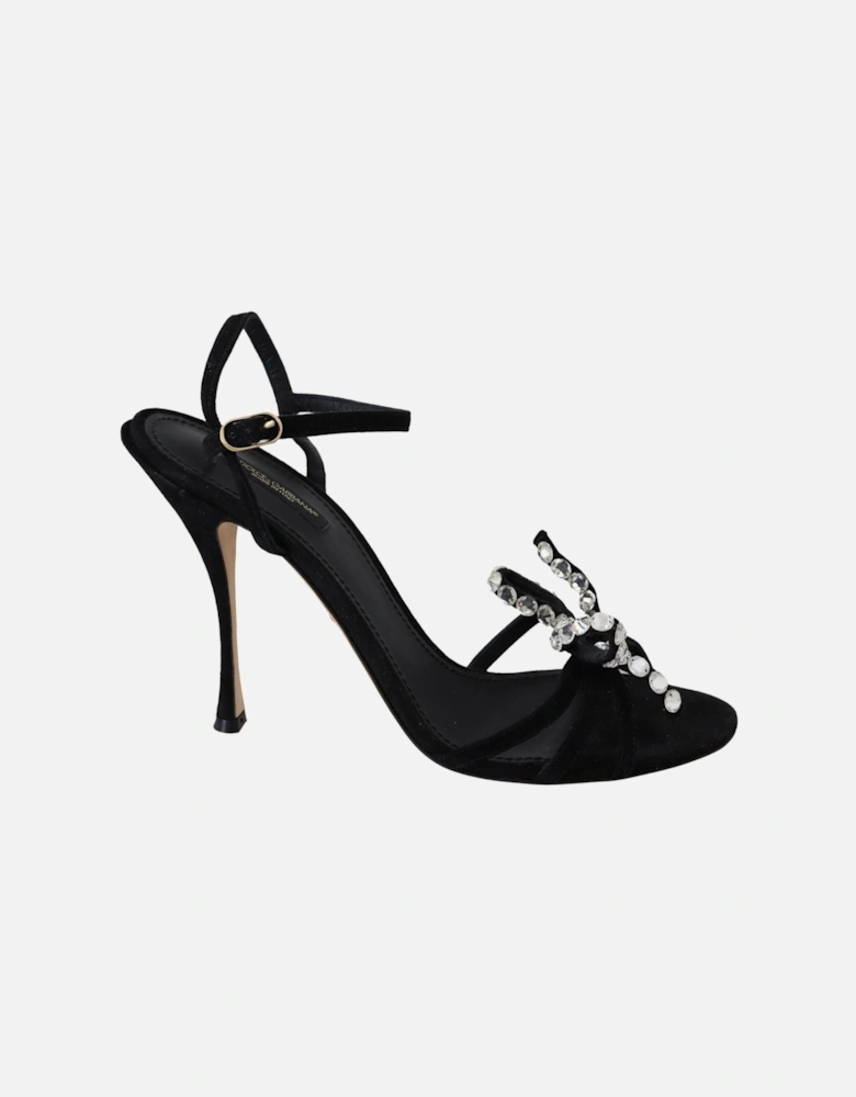 Velvet Crystal Sandals AnkleStrap Heels Women - Black