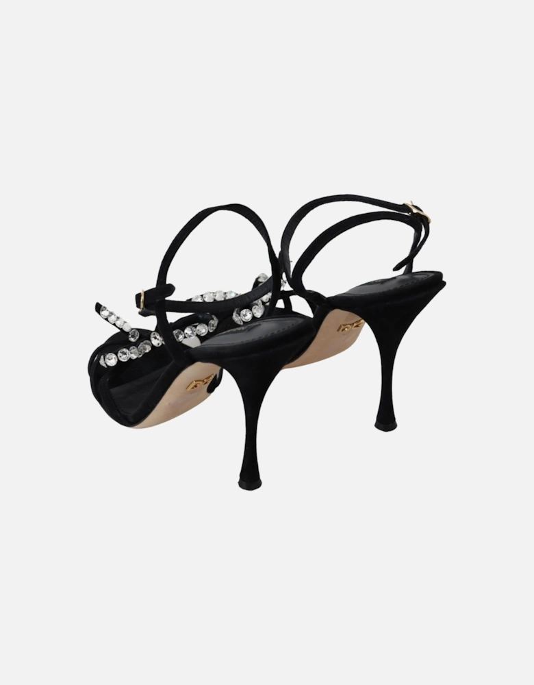 Velvet Crystal Sandals AnkleStrap Heels Women - Black