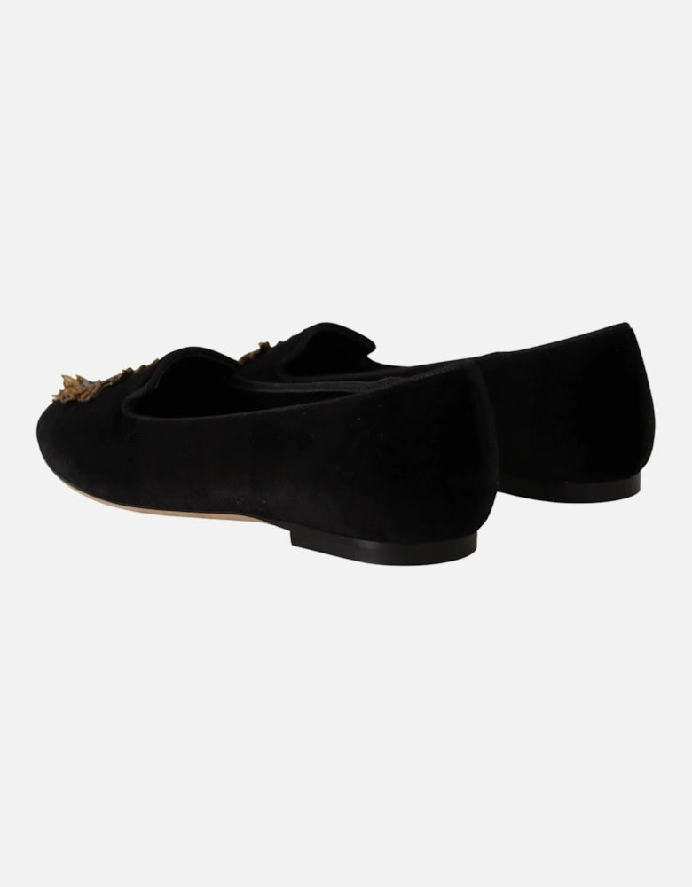 Velvet Ballerinas Embroidered Heart Style Black Women Flats