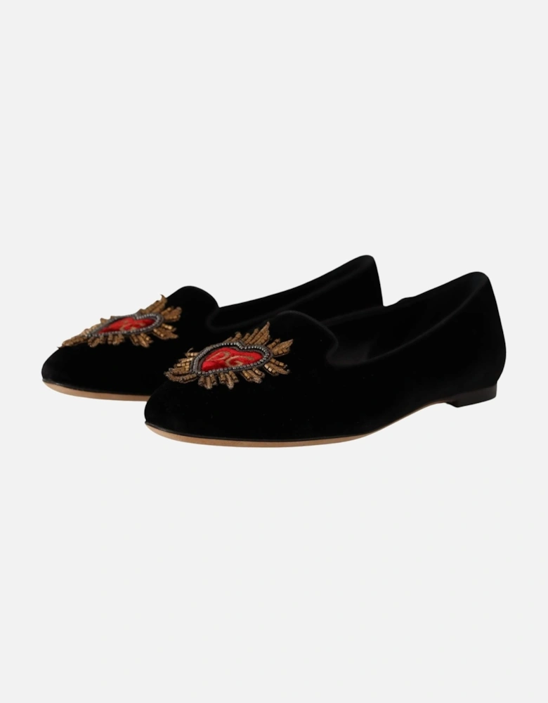 Velvet Ballerinas Embroidered Heart Style Black Women Flats