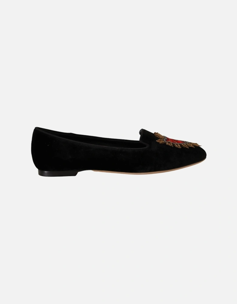 Velvet Ballerinas Embroidered Heart Style Black Women Flats