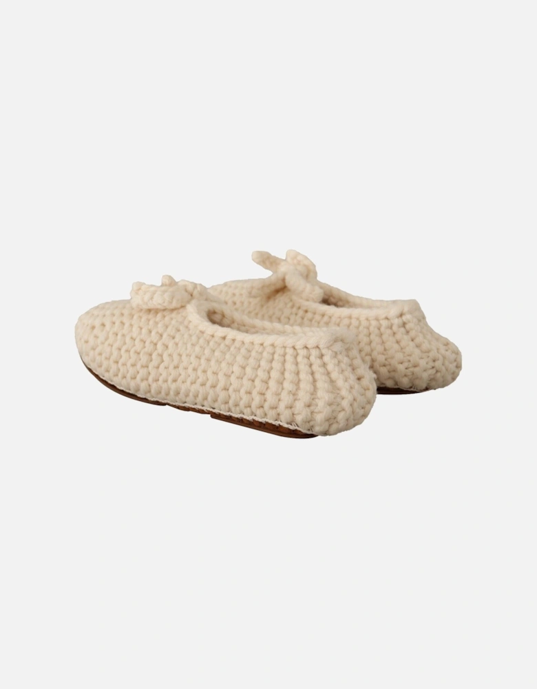 Knitted Wool Slippers Bow Detail Women - White Flats