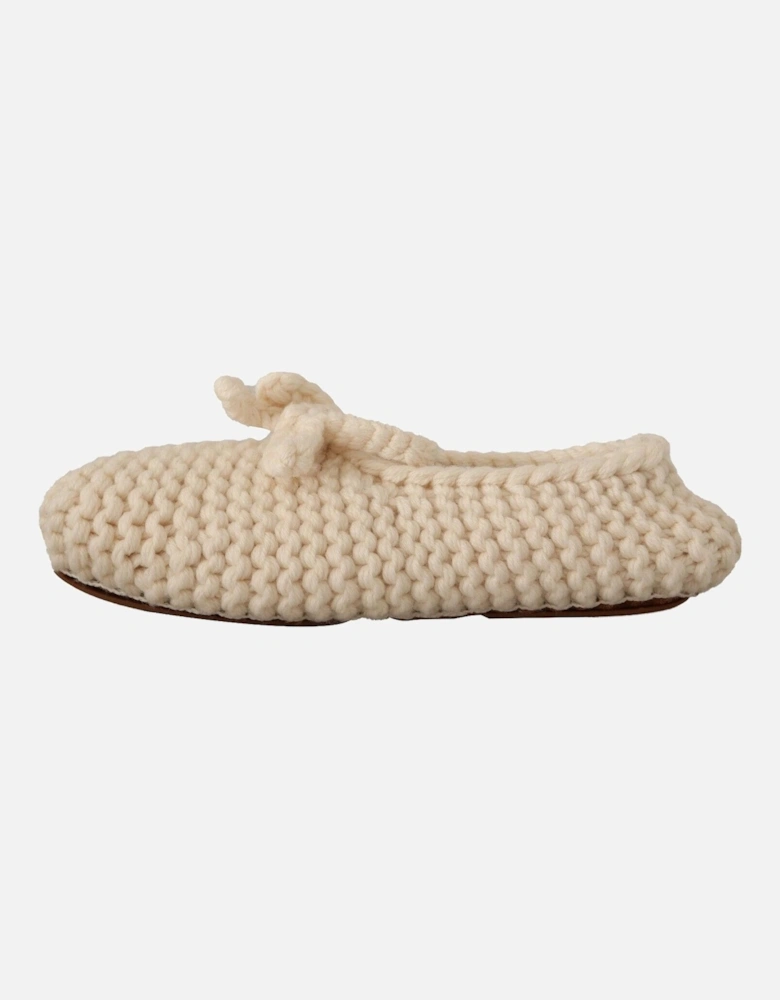 Knitted Wool Slippers Bow Detail Women - White Flats