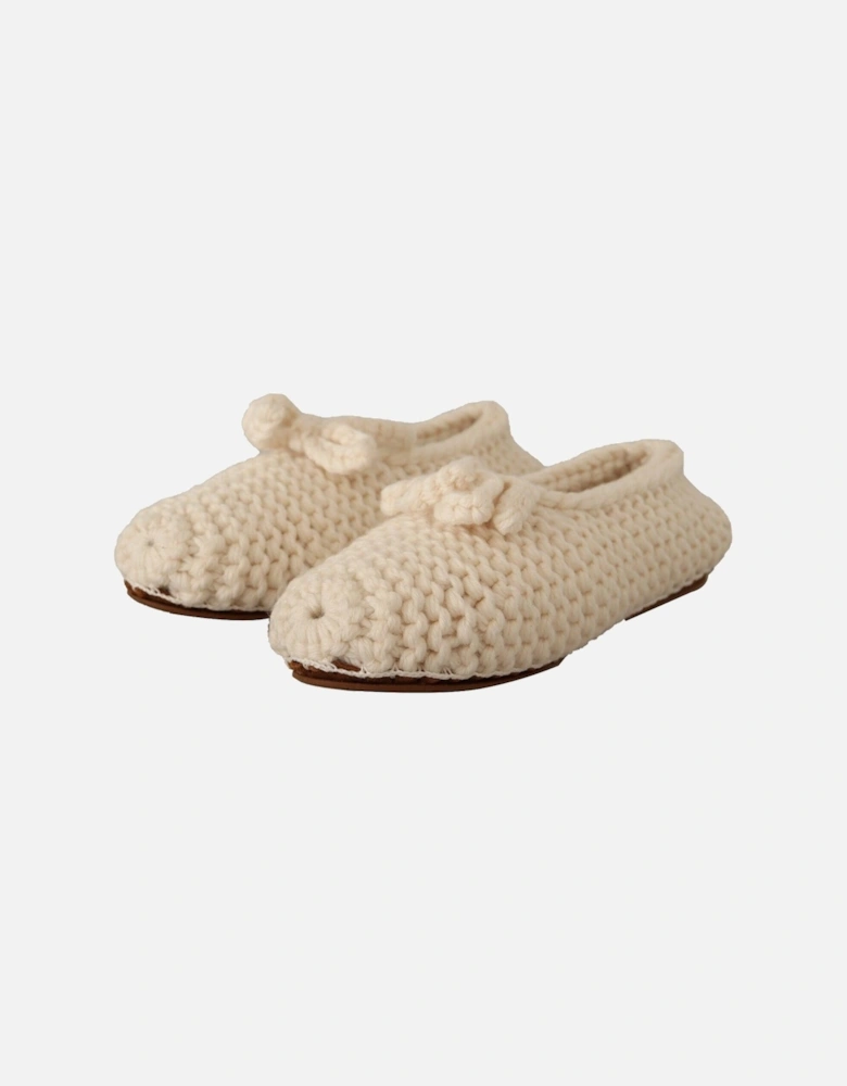 Knitted Wool Slippers Bow Detail Women - White Flats