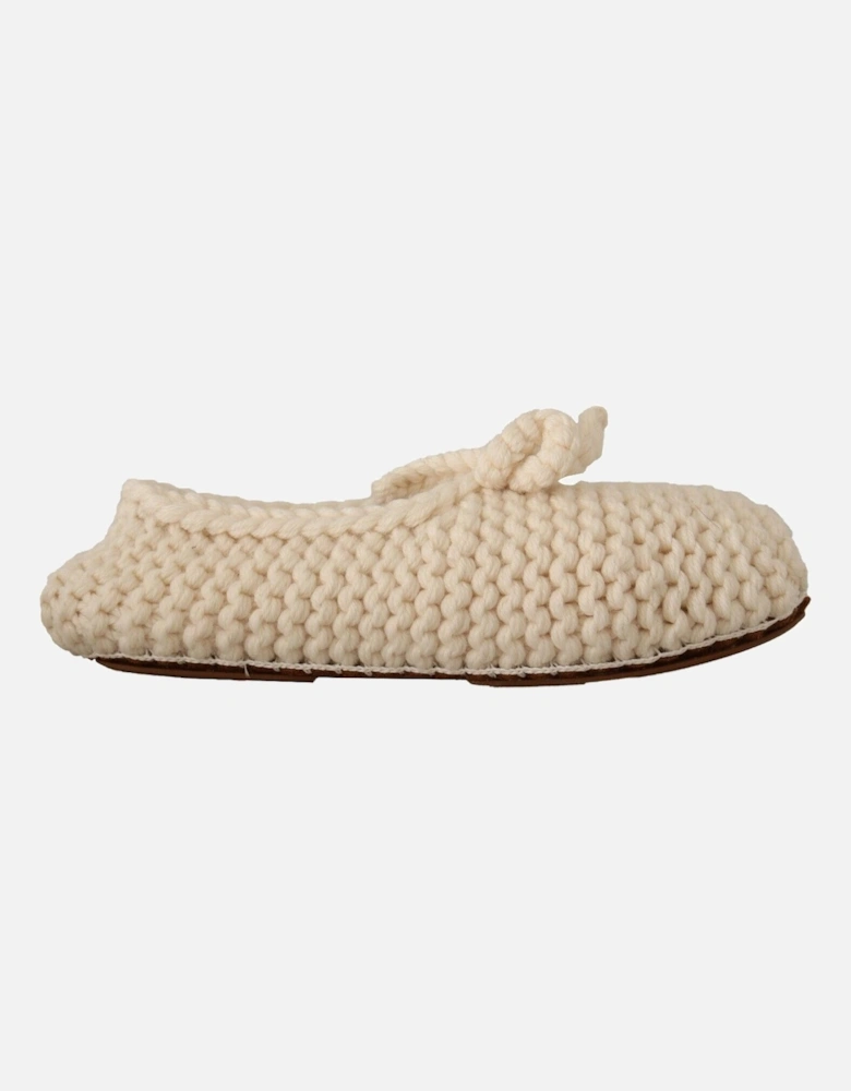 Knitted Wool Slippers Bow Detail Women - White Flats