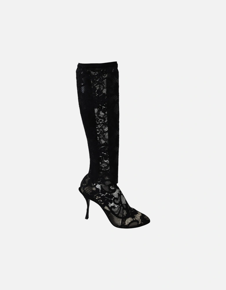 Floral Lace Knee High Boots Women - Black