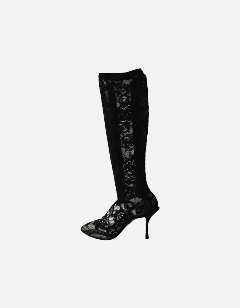 Floral Lace Knee High Boots Women - Black