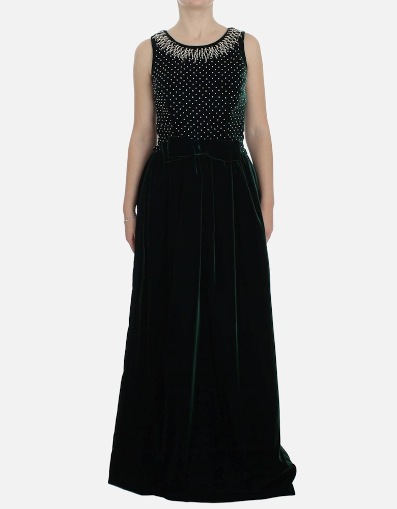 Velvet Long Dress Embellished Neckline Women - Blue Dresses