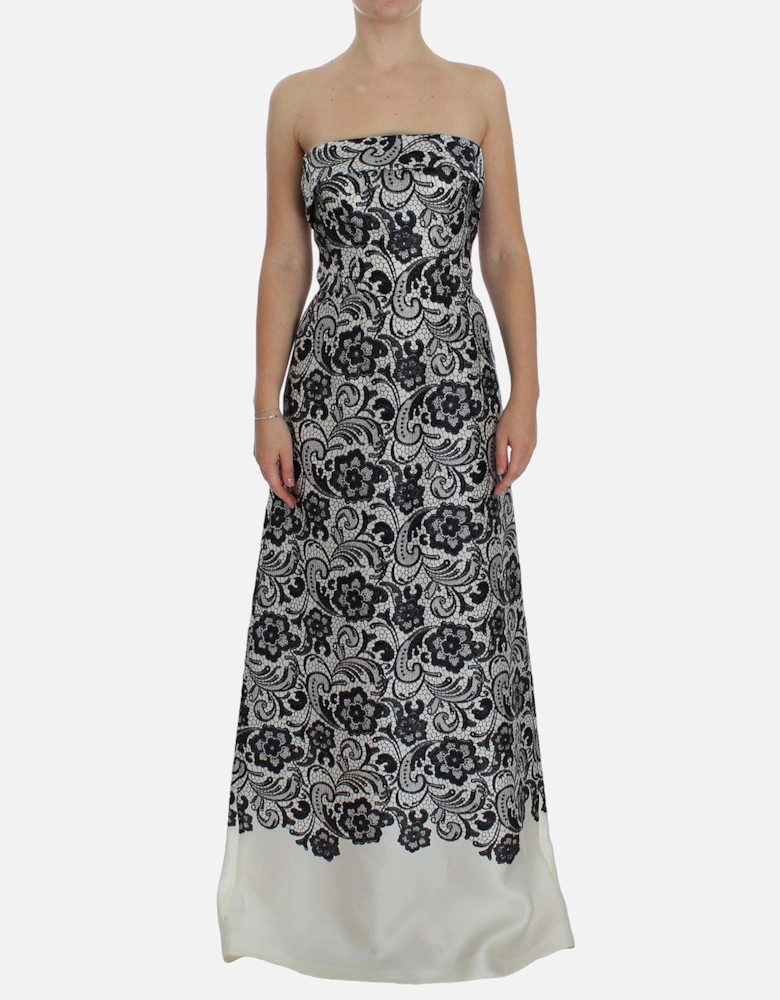 Lace Maxi Dress Floral Print Evening Gown Women - Blackwhite Dresses