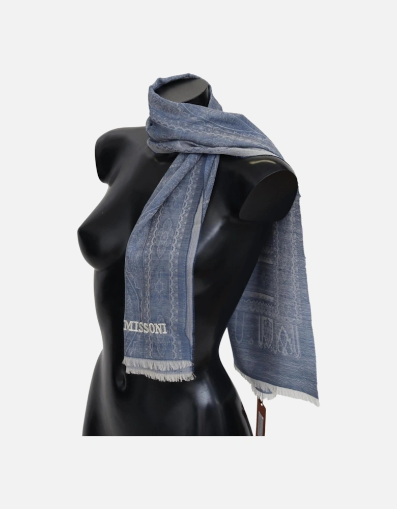 Cashmere Scarf with Intricate Pattern and Fringes Women - Blue Scarves