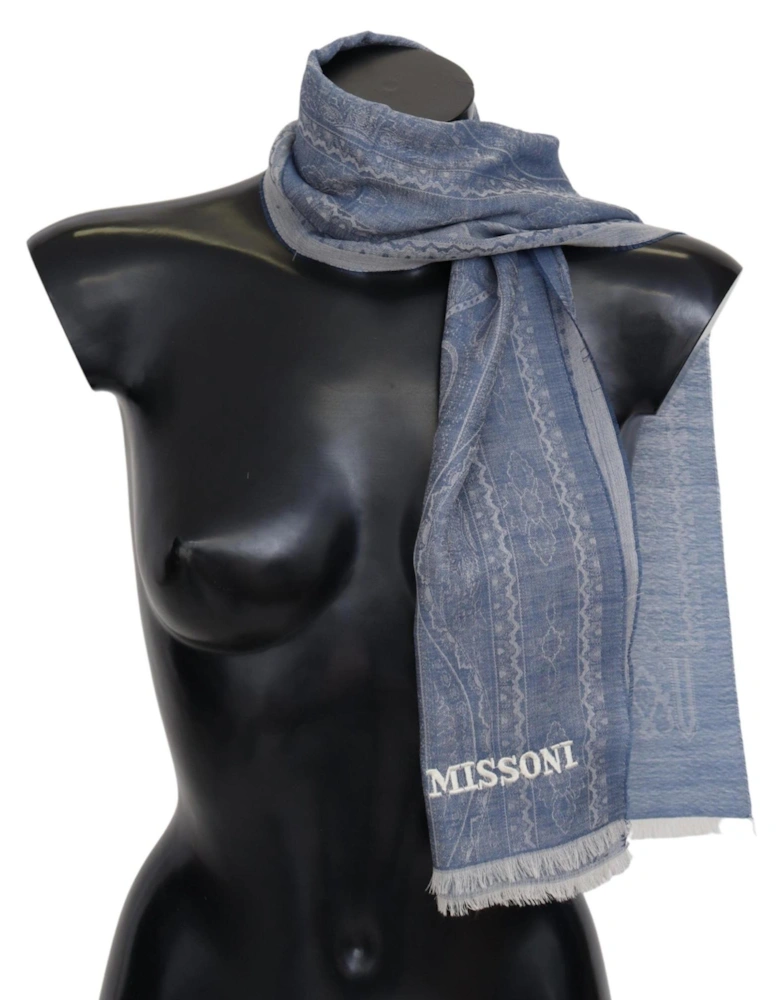 Cashmere Scarf with Intricate Pattern and Fringes Women - Blue Scarves