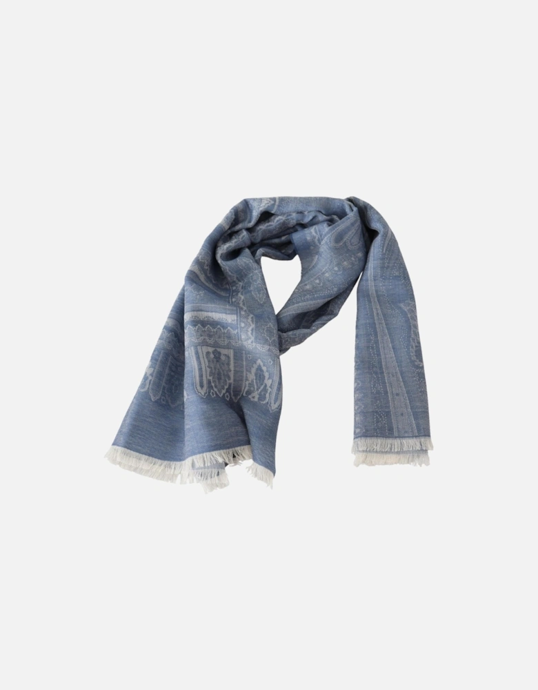 Cashmere Scarf with Intricate Pattern and Fringes Women - Blue Scarves