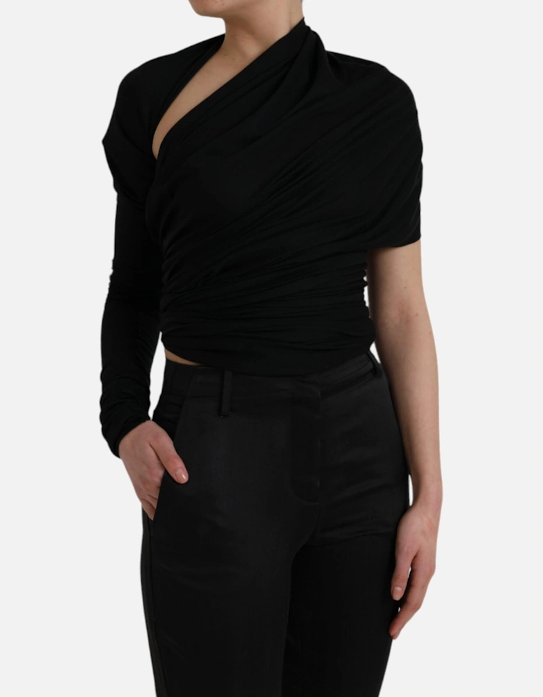 Asymmetric Wool Cutout Top with Logo Details Women - Black T-Shirts