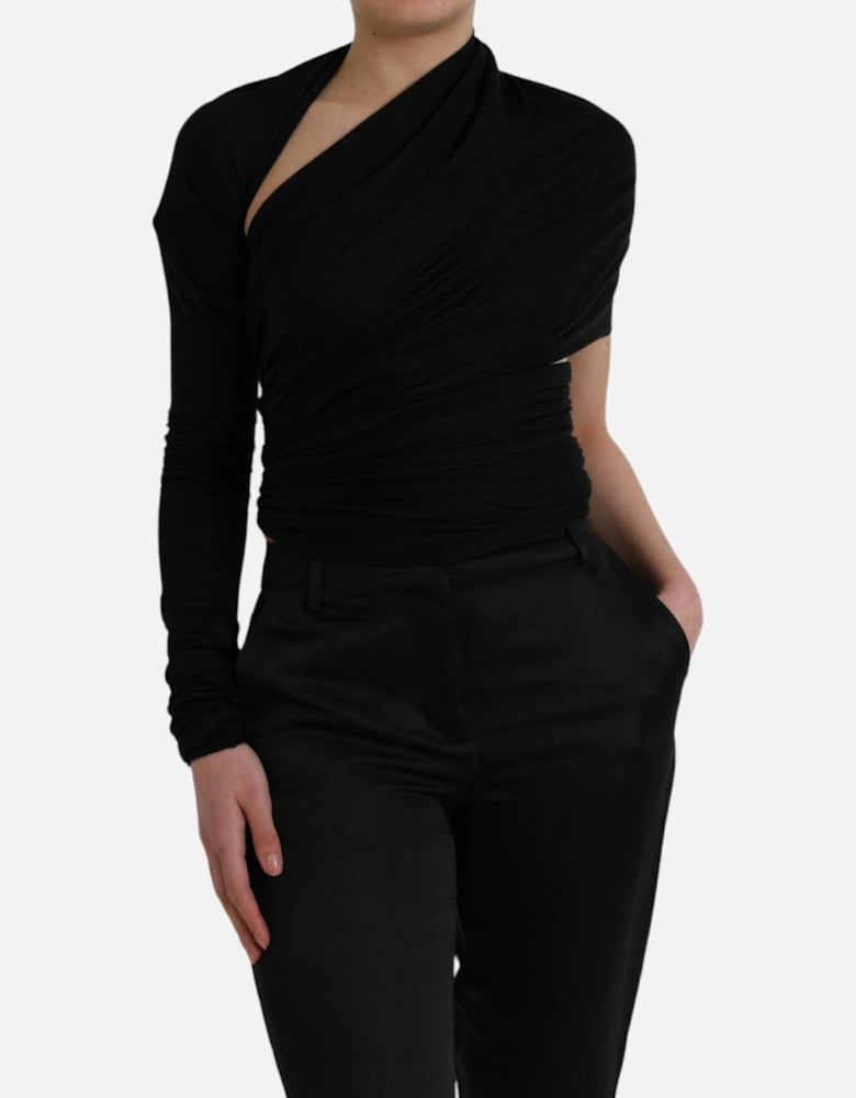 Asymmetric Wool Cutout Top with Logo Details Women - Black T-Shirts