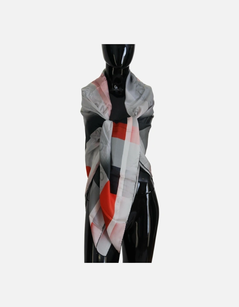Checkered Silk Square Scarf with Logo Details Women - Gray Patterned