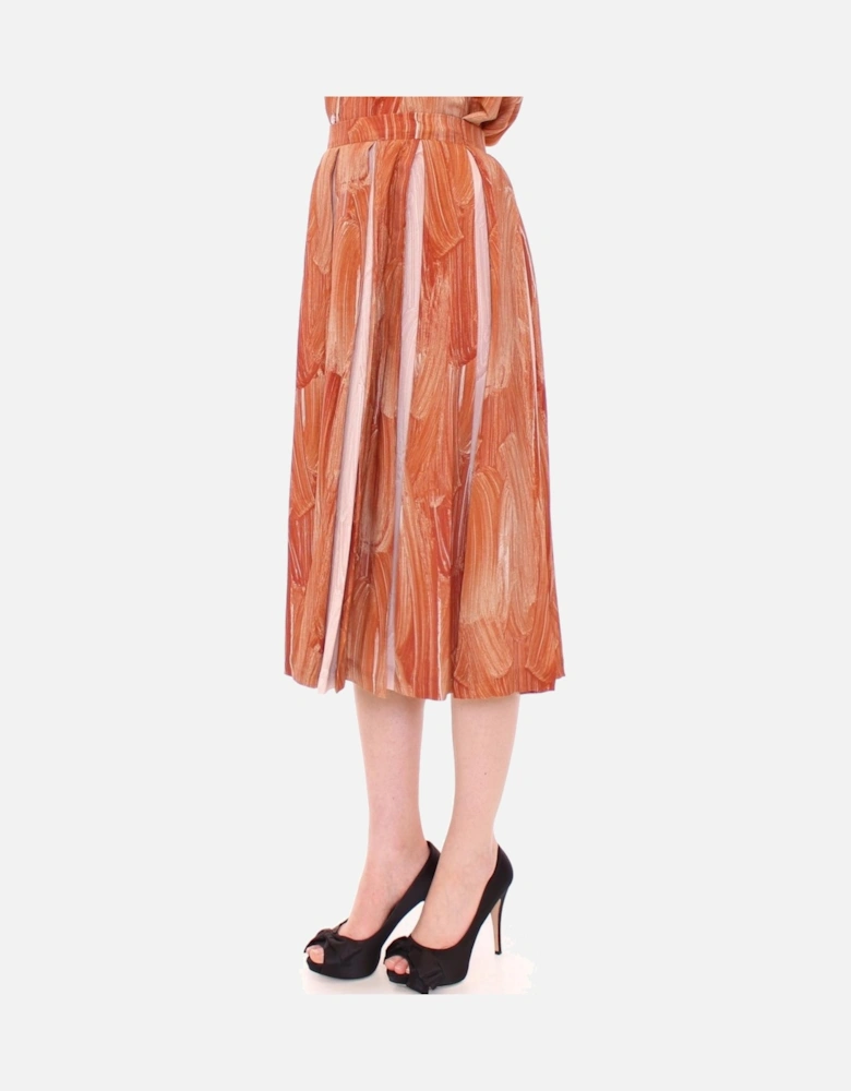 Pleated Midi Skirt Abstract Print Women - Orange