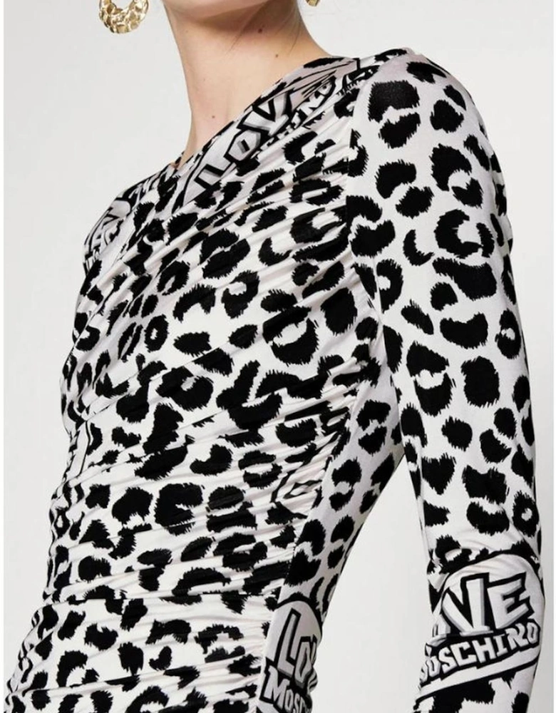 Leopard Print Mini Dress Long Sleeve Women - White Dresses