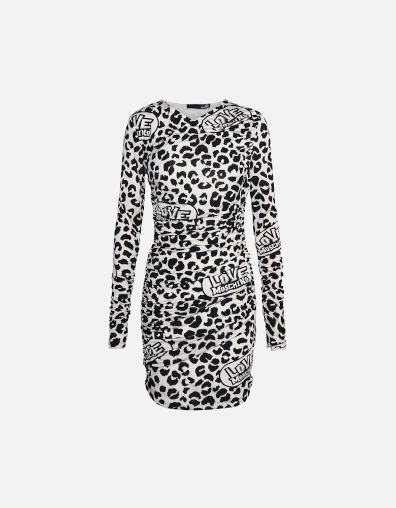 Leopard Print Mini Dress Long Sleeve Women - White Dresses