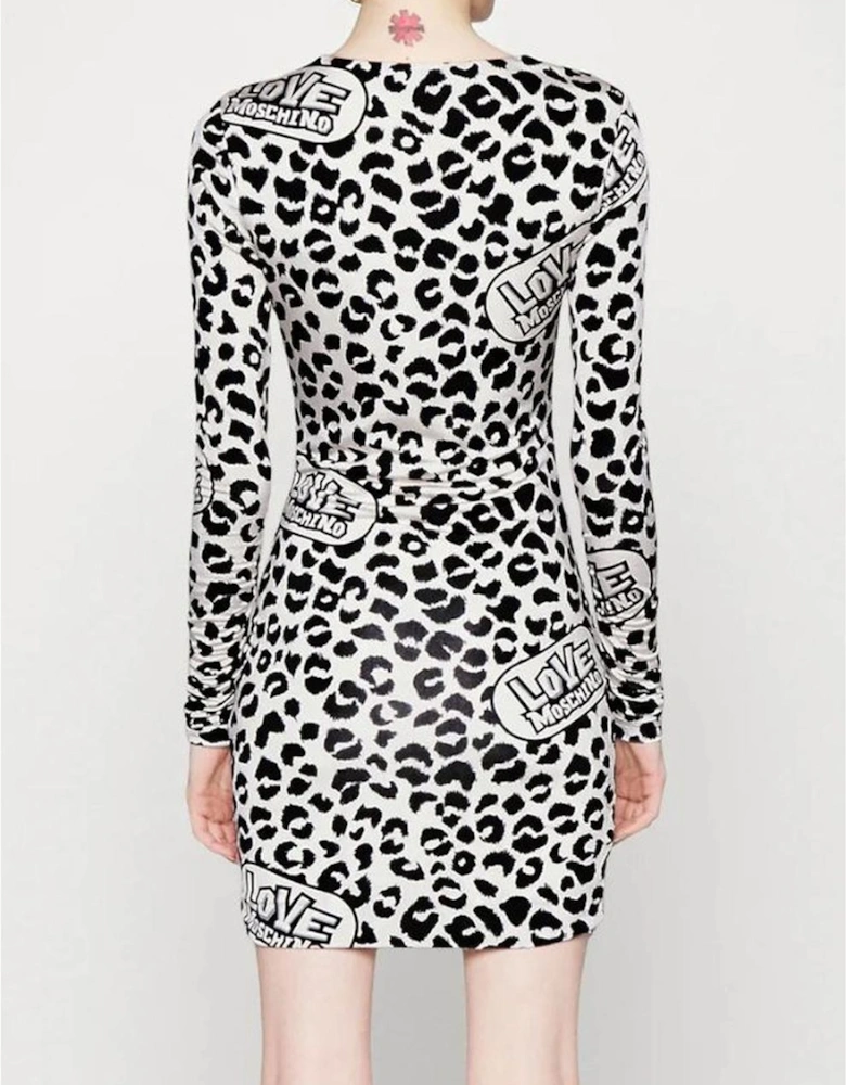 Leopard Print Mini Dress Long Sleeve Women - White Dresses