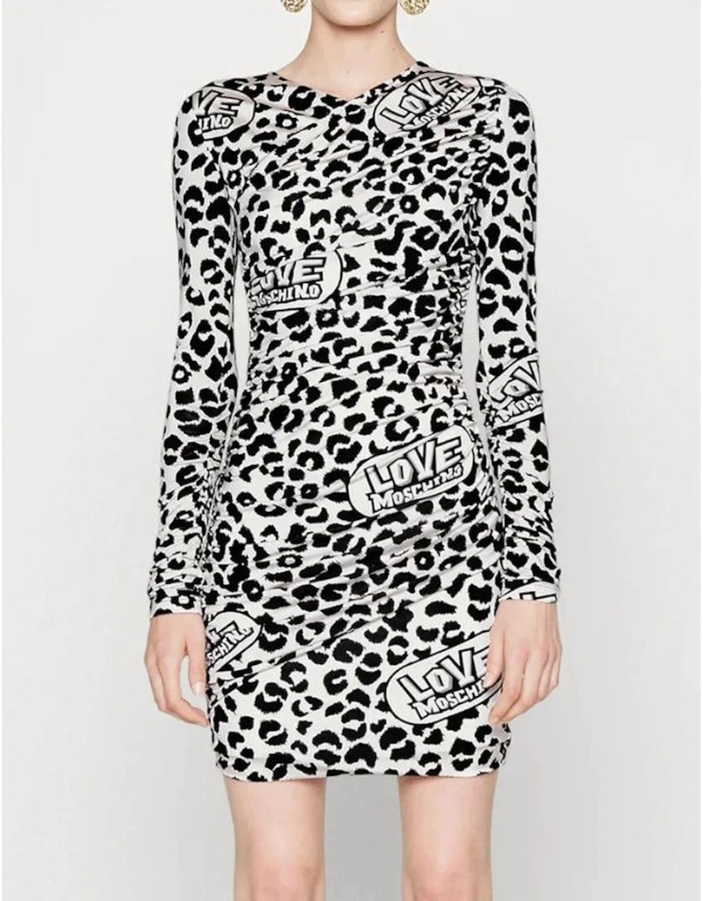 Leopard Print Mini Dress Long Sleeve Women - White Dresses