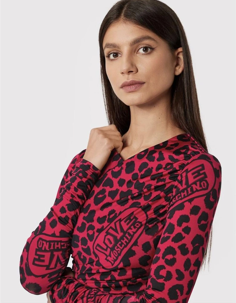 Leopard Print Mini Dress Long Sleeve Women - Red Dresses
