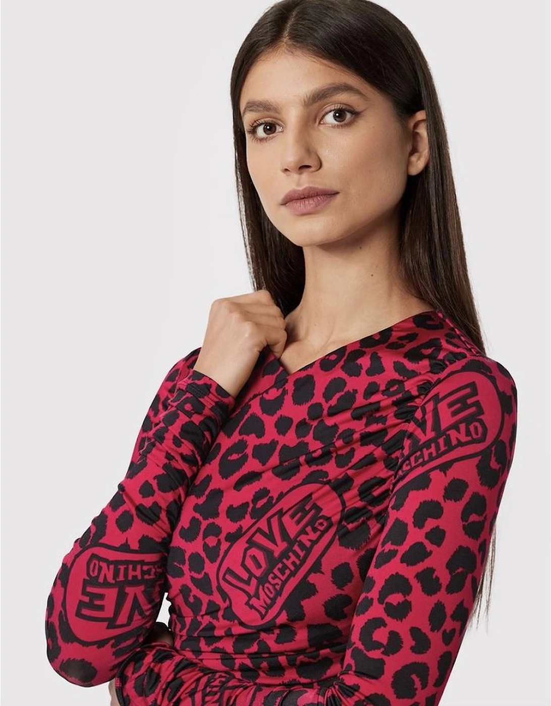 Leopard Print Mini Dress Long Sleeve Women - Red Dresses